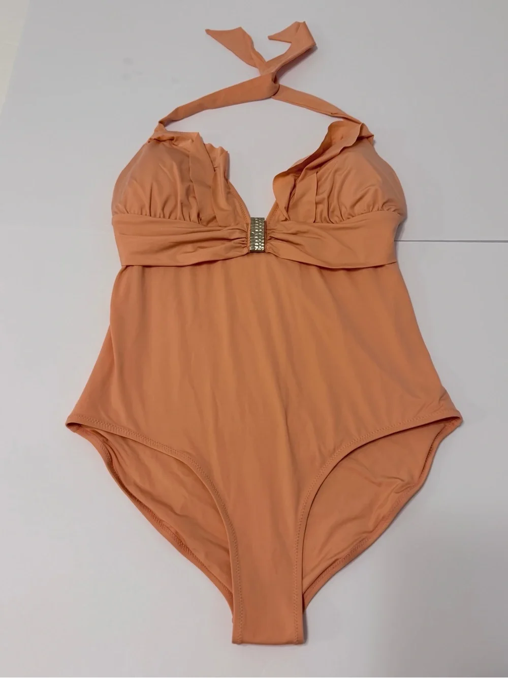 Zingara Peach Ruffle Halter One Piece Swimsuit Gold Hardware Size 14